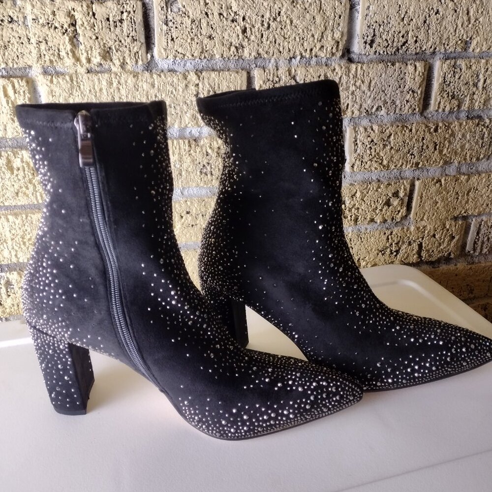 Black Rhinestone Ankle Boots Pointed Toe Chunky 3.7 inch Heel